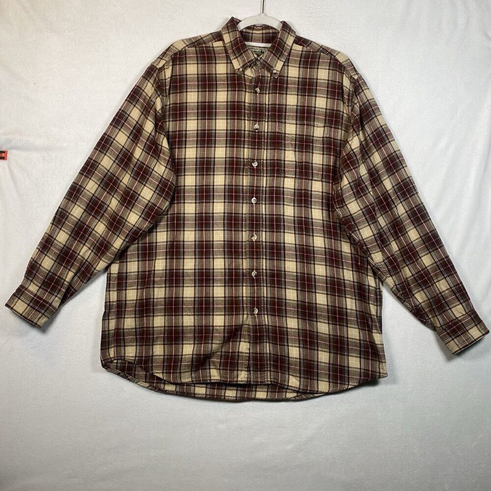 L.L. Bean Flannel Button-Down Shirt – Men’s L Tall – Beige/Burgundy/Green Plaid